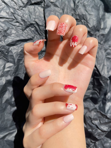 OPOOLA 24 pcs Short Square Shape Halloween Blood Rose Soft Gel Fake Press On Nails with Jelly Glue&Nail Buffer